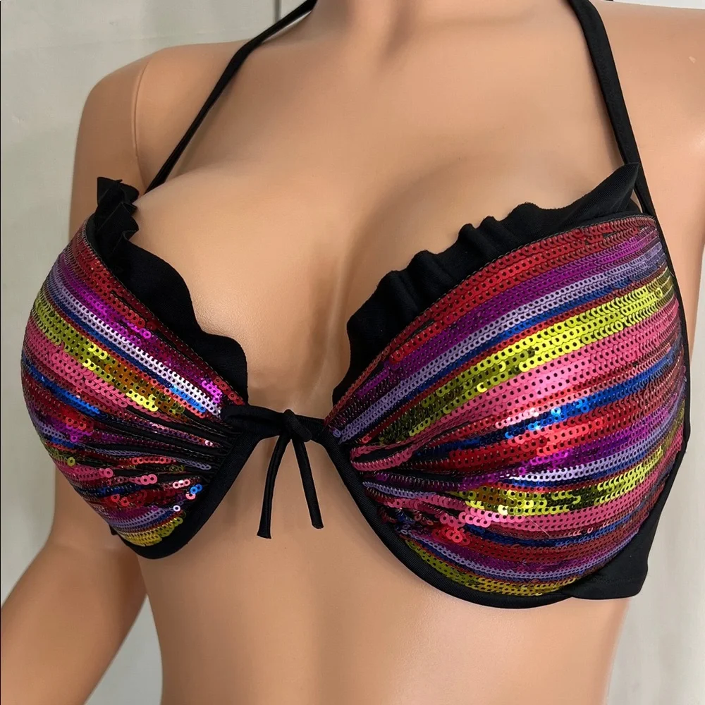 Victoria's Secret 34D/DD Multicolor Sequin Halter Bikini Top Bra Bathing Suit - Picture 1 of 5